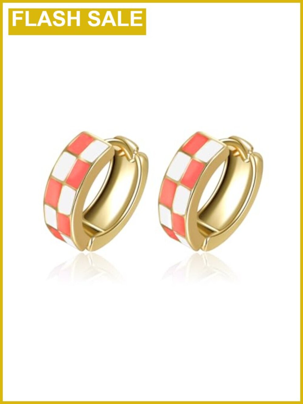 Mini Checker Hoop Earrings White Black Enamel Gold Plated Copper Hypoallergenic